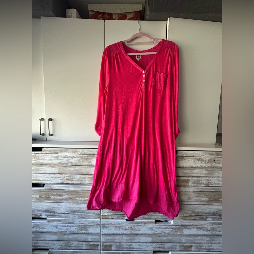 💗 Anne Klein Hot Pink Tunic Dress Medium Long Sleeve Henley